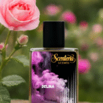 Delina by scenteria scents 5o ml bottle, showing flower in background