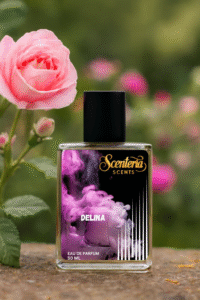 Delina by scenteria scents 5o ml bottle, showing flower in background