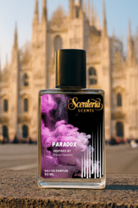 Paradox by Scenteria Scents perfume bottle inspired by Prada Paradoxe, an elegant amber-floral fragrance with a beautiful building in back ground.