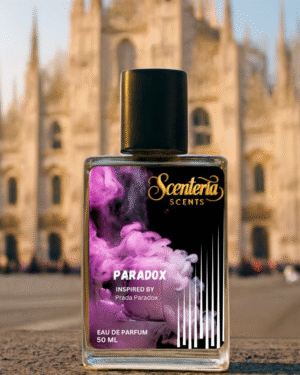 Paradox by Scenteria Scents perfume bottle inspired by Prada Paradoxe, an elegant amber-floral fragrance with a beautiful building in back ground.